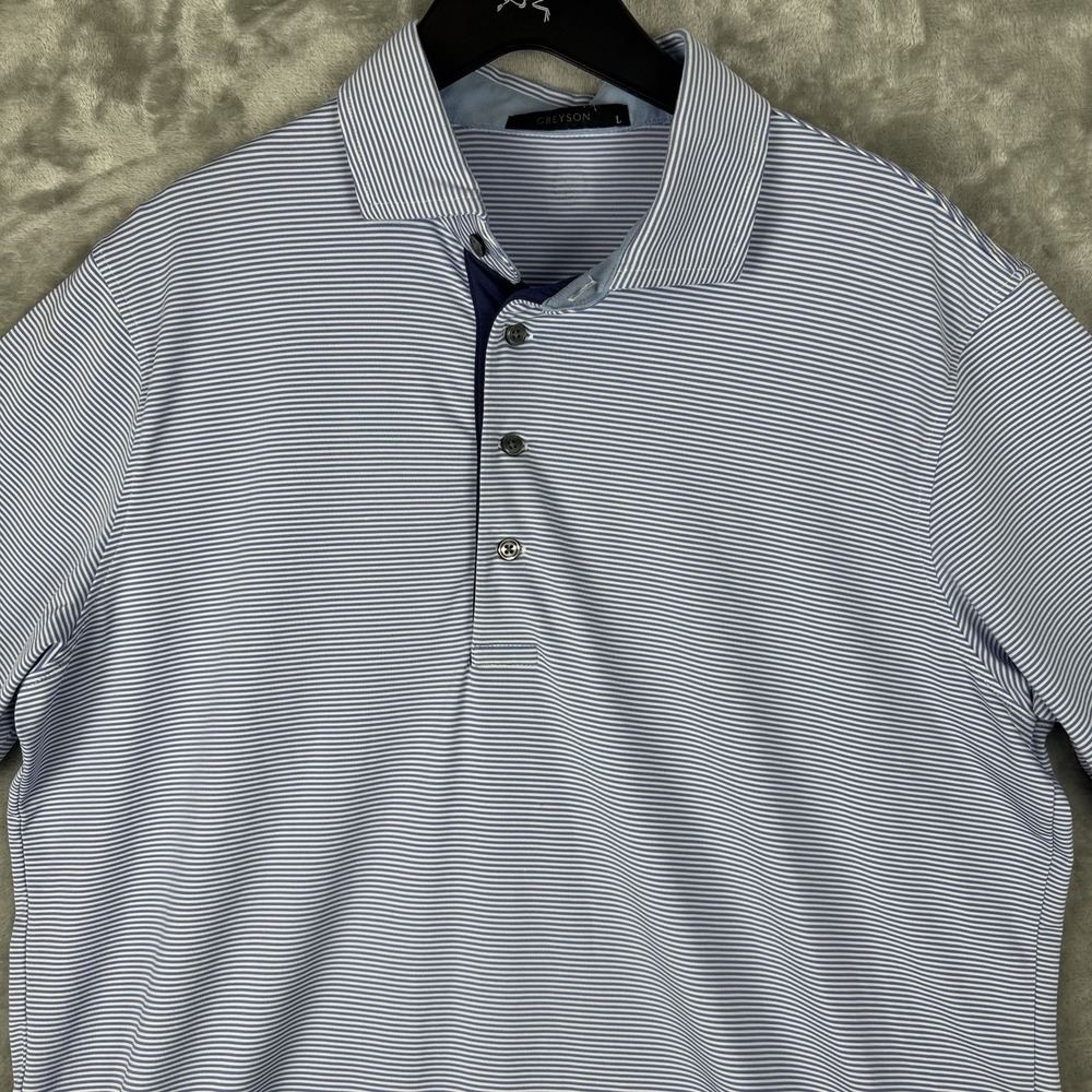 Greyson Golf Polo Shirt Mens Large Blue Stretch Short Sleeve Performance Striped